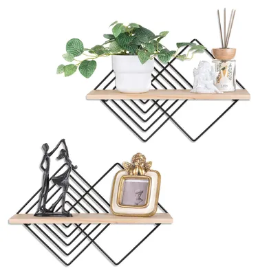 Image de Étagère murale en métal noir, lot de 2, étagères murales modernes, décoration murale pour chambre à coucher, étagère suspendue en bois