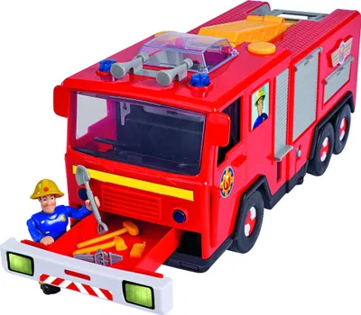 A toy fire truck with a firefighter figure and accessories.