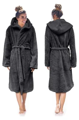 Imagen del producto de Bata de felpa con capucha, color gris oscuro, talla L