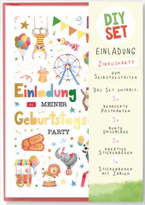 Produktbild von Einladungen Kindergeburtstag DIY Set 5 Postkarten 5 Umschläge Zirkus Einladungskarten zum Selbstgestalten