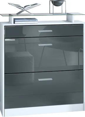 Produktbild von Vladon Schuhschrank Loret 89 x 104 x 23 cm Schuhkipper für 16 Paar Schuhe mit 1 Schublade, 1 Glasablage, Farben Weiß matt & Grau Hochglanz