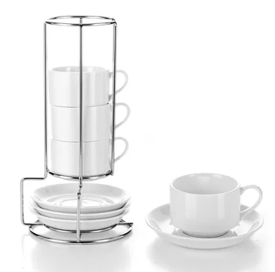 Obrázok produktu pre Sada 4 hrnčekov na cappuccino – dvojstenné – porcelán – vhodné do umývačky riadu – vrátane podšálok – objem 100 ml – hrnčeky na kávu