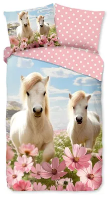 Immagine prodotto di Buongiorno, lenzuola per culla "cavalli bianchi con fiori" - Rosa - (140x200/220 cm) - Cotone