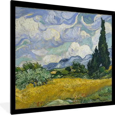 Produktbild von MuchoWow® Gerahmtes Poster Weizenfeld mit Zypressen - Vincent van Gogh 40x40 cm - Poster mit Schwarzem Bilderrahmen Wandposter Rahmen Foto Bilder - Mit Rahmen - Wanddekoration Schlafzimmer