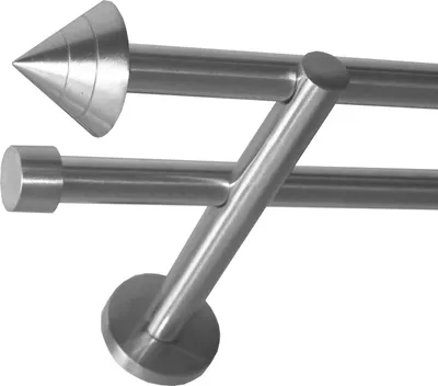 Produktbild von Gardinenstange Set Edelstahl Look Metall Ø 16mm zur Wandbefestigung 2-lauf Modern Spitze, Länge wählbar H22 E21 E16