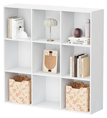 Obrázok produktu pre Drevená kocková polica s 9 priehradkami, biela, rozmer 91,4 x 91,2 x 24 cm, stojaca polica so zadnou doskou