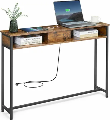 Produktbild von Konsolentisch Mit Steckdosen, Beistelltisch Mit 2 Fächern, Schmal, 25 X 120 X 81 Cm, Platzsparend, Für Flur, S