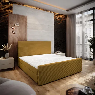Produktbild von Masseno Boxspringbett ALORIA 180x200 cm Komplett-Set mit Bonell Matratze und Topper, Polsterbett mit Bettkästen -Gelb, POSO 01 + KRONOS 01