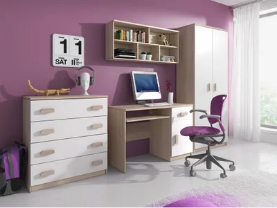 Obrázok produktu pre Kinderzimmer-Set Schrank Wandregal Kommode Schreibtisch sonoma Griffe Jonas III 02 (Sonoma/Weiß)
