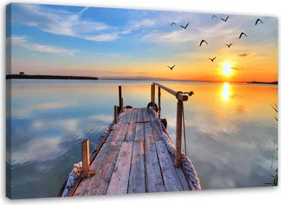 Produktbild von Leinwandbild sonnenuntergang über einem see 100x70 cm Feeby blau wandbild bereit zum aufhängen
