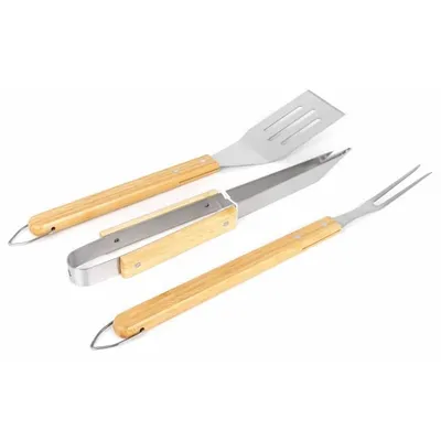 Produktbild von Set mit 3 Zubehörteilen aus rostfreiem Stahl mit Bambusgriff zum Grillen und Plancha-Grillen