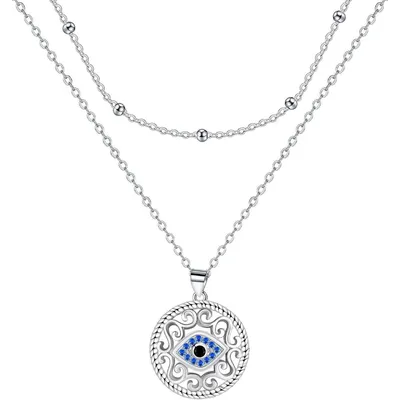 Zdjęcie produktu dla Srebrny łańcuszek próby 925 z cyrkoniami, długość 45+5 cm, damski, amulet chroniący przed złym wzrokiem