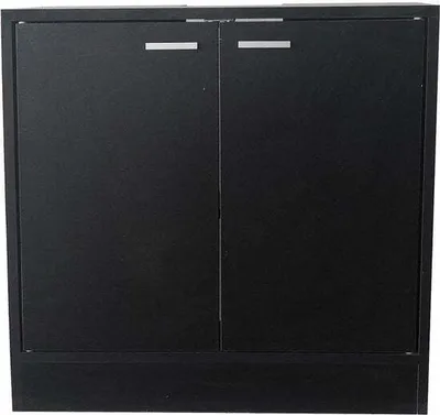 A black cabinet with two doors and silver handles.