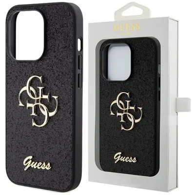 A black Guess phone case with a gold logo and text, shown next to its packaging.