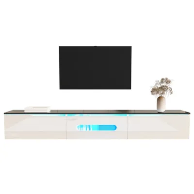 Produktbild von Moderner TV-Schrank(Weiss)180 cm lang, Hochglanzoberfläche, mit 16-farbiger LED-Beleuchtung, wandmontierbar