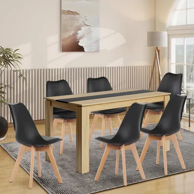 Immagine prodotto di Tavolo da pranzo rettangolare in legno di quercia e verniciato di nero, con 6 sedie. Dimensioni: 140 cm