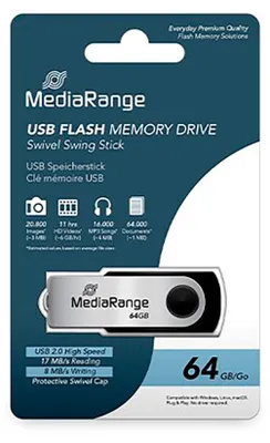 Produktbild von MediaRange 64GB USB 2.0, 64 GB, USB Type-A / Micro-USB, 2.0, 13 MB/s, Drehring, Schwarz, Silber