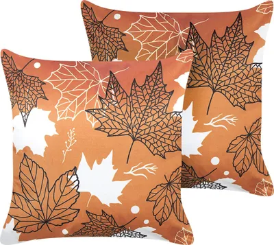Obrázek produktu pro BELIANI Sada 2 dekorativních polštářů oranžové sametové 45 x 45 cm se vzorem listů boho styl dekorativní doplněk
