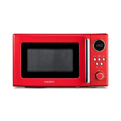 Produktbild von MEDION Retro Mikrowelle klein (20 Liter, ca. 800 Watt, 5 Mikrowellenstufen, 8 Automatikprogramme, Digitale Anzeige, Auftaufunktion, kompakt, MD15000) rot