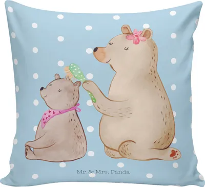 Produktbild von Mr. & Mrs. Panda Polsterkissen Bär Kind - Blau Pastell - Geschenk, Zierkissen, Bären, zier kissen, Muttertag, Mutter, Opa, Bedrucktes, Sofakissen, Deko, für couch
