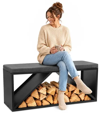 Produktbild von Peviasot Brennholzregal mit Sitzbank 102 x 35 x 40 cm, Kaminholzbank 2 in 1, 400 kg belastbar, 4 cm Sitzkissen, Schwarz Grau, Innenbereich