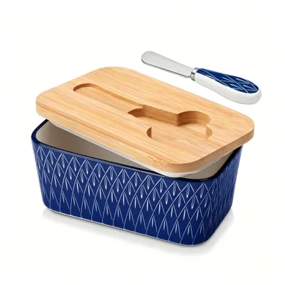 Produktbild von VANCASSO Porzellan Butterdose mit Deckel, Butterbestreichmesser, Blumenmotive, Blau und weiß