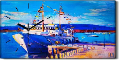 Produktbild von Wanduhr Uhr Wandbild Leinwand 60x30 Gemälde Hafen Meer Schiffe Himmel Kunst - schwarze Hände