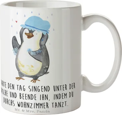 Produktbild von Mr. & Mrs. Panda Tasse Pinguin Duschen - Weiß - Geschenk, Duschkonzert, Dusche, Teetasse, Kaffeetasse, Singen, Trinkbecher, Neustart, Becher, kaffeebecher keramik