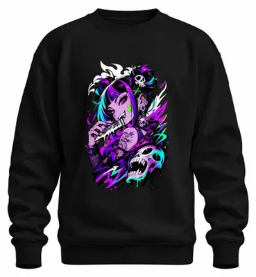 Zdjęcie produktu dla Bluza z kapturem w stylu cyberpunk, anime, motyw czaszki, neon, Japonia, Y2K, Harajuku, kolor: czarny, rozmiar: L