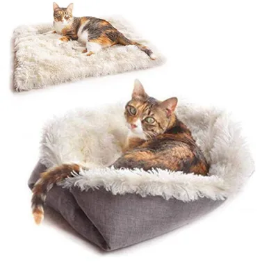 Produktbild von Katzenbett 2 in 1 Plüsch Weich Runden Schlafen Katzensofa Flauschige Katzenbett Klein Hund Bett Katzendecke Haustierbett katzenbettchen TierbettWeiß