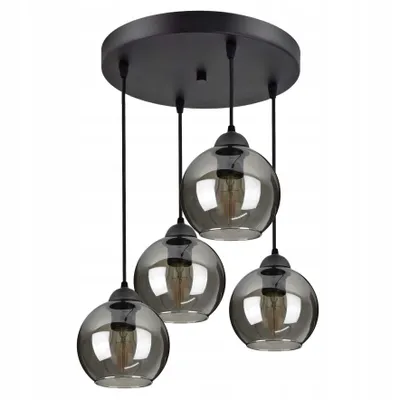 A black pendant light fixture with four smoked glass globes hanging from a circular ceiling plate.