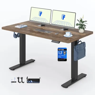 Image de Bureau réglable en hauteur FLEXISPOT EN1 140 x 80 cm, capacité de charge 100 kg, avec protection anti-collision, plateau en une seule partie, 4 fonctions mémoire (marron)
