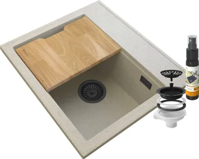 Produktbild von Granitan | Granitspüle - Spülbecken 56x50cm - Küchenspüle Beige - mit Siphon - Schneidebrett - FOXAL