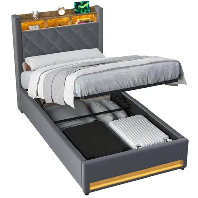Produktbild von STILVORA Polsterbett 90×200 mit bettkasten,Stauraumbett Boxspringbett mit USB-Anschluss und LED-Licht,Funktionsbett ohne matratze,mit Stauraum,grau