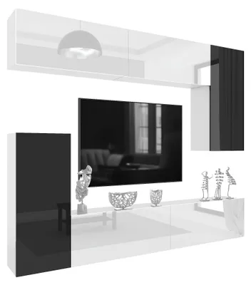 Image de Ensemble mural BELINI MILANO 8 pour salon, 250 cm - Blanc/Noir brillant, ensemble de meubles muraux modernes, meuble TV mural, système sans poignées