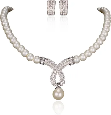 Produktbild von Brautschmuck Schmuckset Perlen Collier Kette Ohrringe Kreaolen Kristall Hochzeit
