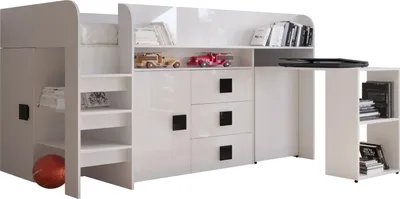 Produktbild von Etagenbett für Kinder Toledo 1 Stockbett mit Treppe und Bettkasten (Weiß + Weiß Glanz + schwarze Griffe)
