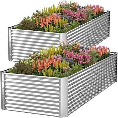 Imagen del producto de Juego de 2 macetas elevadas de 180 x 90 x 40 cm, galvanizadas, para uso en exteriores. Maceta elevada de metal para verduras, macetas elevadas de acero para el jardín, jardinera elevada rectangular para flores