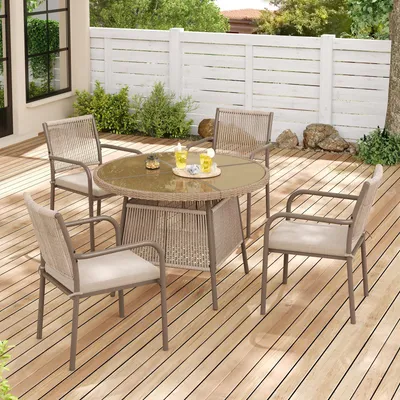 Produktbild von Merax Gartenmöbel Set aus Rattan mit rundem Glastisch und 4 Armlehnstühlen, Outdoor Essgruppe mit Eisengestell, Gartenlounge mit Sitzkissen, Beige