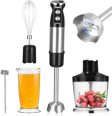 Image de Ensemble mixeur plongeant 5-en-1 1000 W en acier inoxydable avec 12 vitesses, mode turbo, bol hachoir de 500 ml, bol doseur de 700 ml et fouet