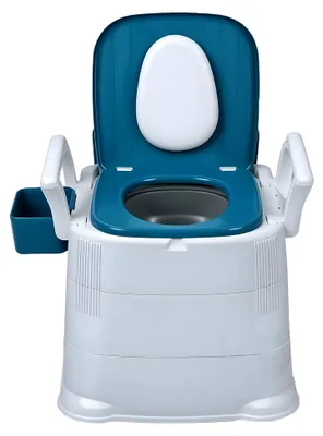 Produktbild von Nachttisch-Toilettenstuhl mit 150 kg Tragfähigkeit, PP-Kommodus-Sitz und Doppeldeckel-Eimer, Töpfchenstuhl mit abnehmbaren Armlehnen und Sicherheitsrahmen, tragbare Toilette für Erwachsene