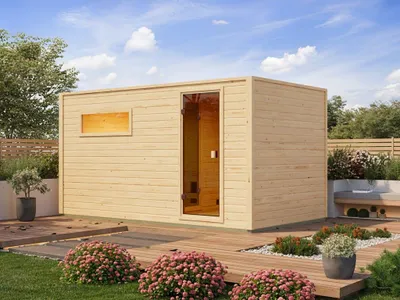 Produktbild von Gartensauna Lenchen 6 natur mit Vorraum und bronzierter Ganzglastür