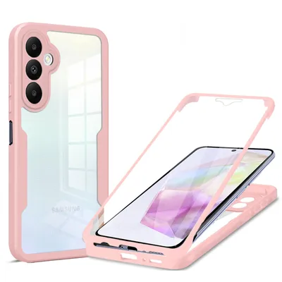 A pink phone case with a transparent back is shown next to a disassembled view of the case with a phone screen inside.