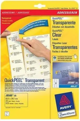 Produktbild von Avery J8560-25, Transparent, Tintenstrahl, 63.5 x 38.1 mm, A4