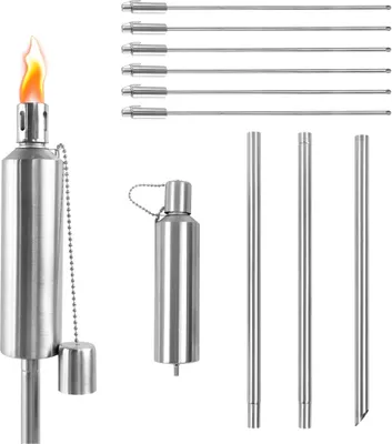Produktbild von TWOLIIN 6er Set Gartenfackeln für Draußen Edelstahl Fackel Rostfrei Glasfaserdocht Öl 330 ml Nachfüllbar Ölfackeln 115cm Hoch