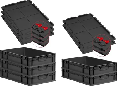 Produktbild von SuperSparSet 5x Eurobox NextGen Grip mit Scharnierdeckel und roten Schiebeschnappverschlüssen | HxBxT 12x40x60cm | 23 Liter | Schwarz | Griffe geschlossen | Eurobehälter, Transportbox, Transportbehälter, Stapelbehälter