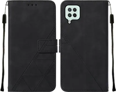 Produktbild von Galaxy A22 4G Hülle, Schlank Prägung Flip Leder Kartenfächer Schutzhülle mit Ständer für Samsung Galaxy A22 4G Schwarz