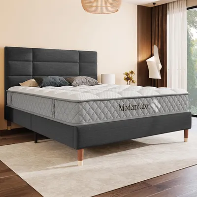 Image de Lit rembourré, lit double 140 x 200 cm, avec sommier à lattes, cadre rembourré, tête de lit et matelas, linge de lit, pour adultes et adolescents, gris foncé