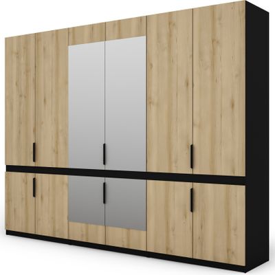 Meblast | Kleiderschrank 310x240 cm mit 2 Spiegeln - Schiebetürenschrank | Schwarz/Skandic-Buche Hell | Stilvoll, Praktisch