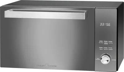 Produktbild von CTC Mikrowelle mit Grill, 800W, 23 Liter, Modell PC-MWG 1204, Schwarz, Edelstahl, Glas, freistehend, vertikal öffnende Spiegeltür mit Edelstahlgriff, Glas-Keramikboden für 55% größere Nutzfläche, inkl. Grillrost.